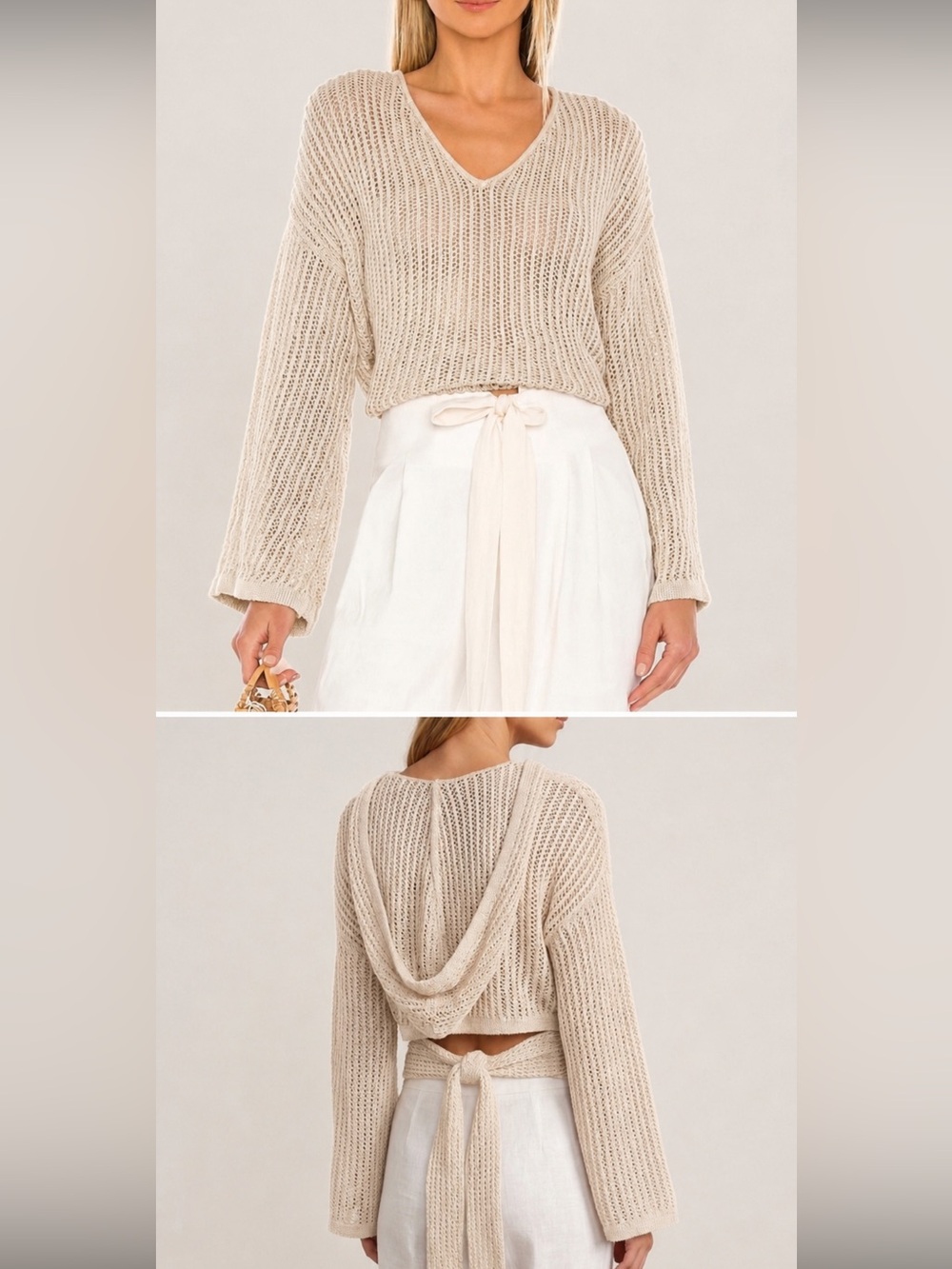 Cult Gaia Catherine Open Knit V-Neck Crop Hoodie - Cream